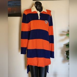Gucci Ivory Orange Navy Blue Striped Collared Wool Dress Sz. L